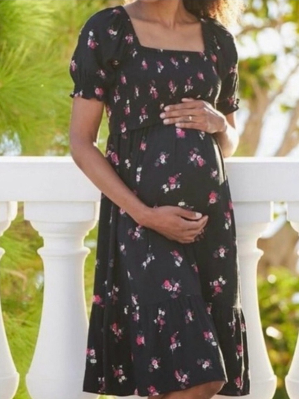 Seraphine Black Floral Shirred Midi Maternity and Nursing dress